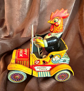 Vintage 1957 Happy Chick Tin Toy Car with Rooster/Chicken Driver