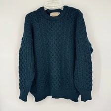 Men's Aran Cable Knit Blue Green Crewneck Sweater XL Honeycomb Stitch