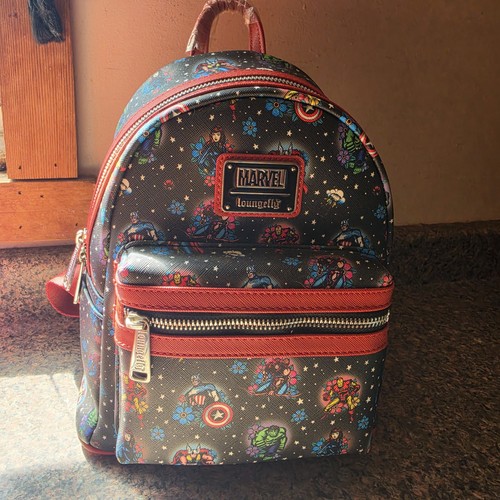Loungefly Marvel Avengers Floral Tattoo AOP Mini Backpack Black Red Trim NWT