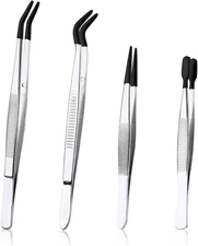 4Pcs Tweezers with Rubber Tips, Stainless Steel Coated Tweezers Tools Includes S