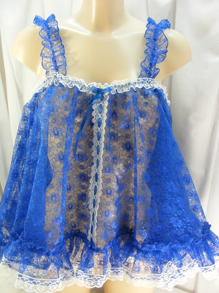 Camisola de encaje azul real transparente sissy lencería cami lolita CD TV unisex Foto 3 de 4