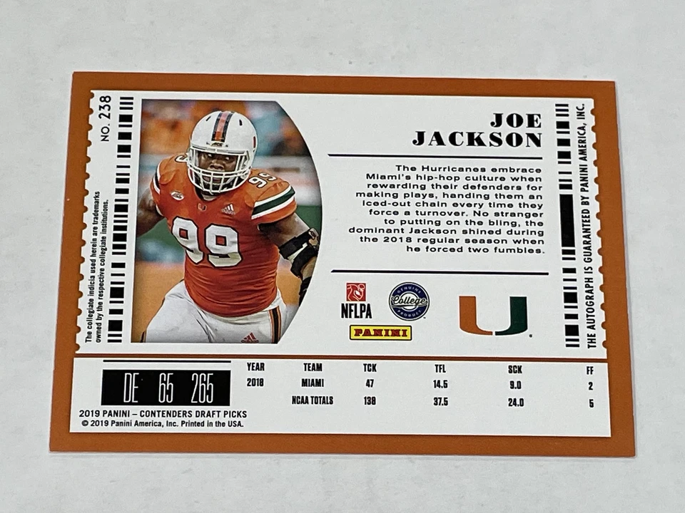 2019 Panini Contenders Draft Football Autograph - Joe Jackson RC - Miami - Image 2 of 2