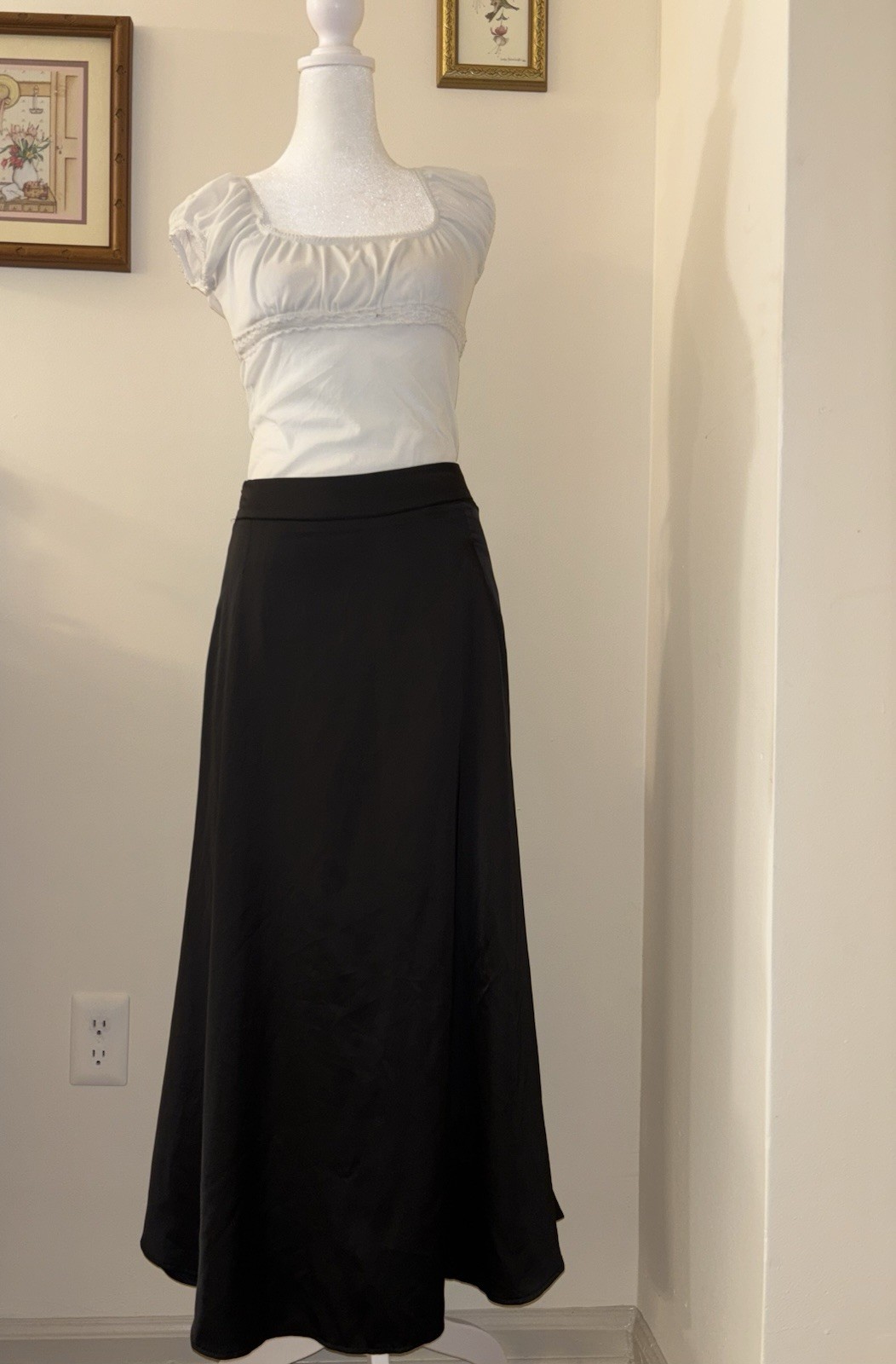Women’s Black Satin Maxi Skirt – High Waist – 100% Polyester – Elegant