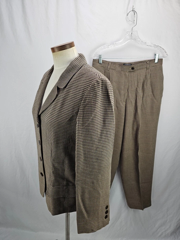 Traje pantalón para mujer Liz Claiborne marrón pata de gallo mezcla de lana 16P Foto 3 de 4