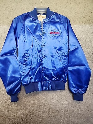 Vintage Satin Bomber Jacket Webers Bread Employee Uniform Blue Small USA Made