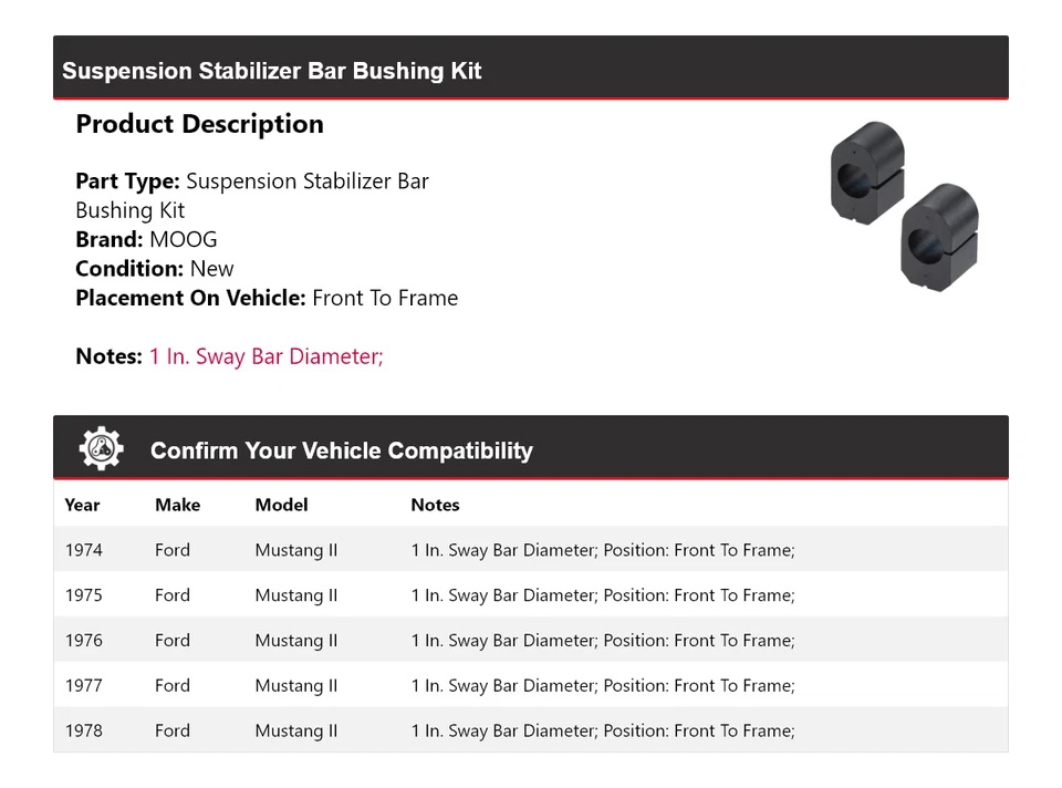 Kit de bucha barra estabilizadora suspensão Ford Mustang II para 1974-1978 MOOG 1974 - Imagem 2 de 4