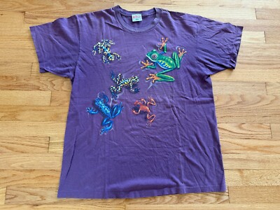 Vintage Wild Gear Made in USA Rainforest Frogs Purple T-Shirt XL - minor damage