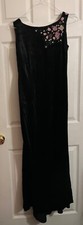 Adrianna Papell Evening Black Velvet w Pink Embroidered Floral Maxi Dress Gown 8