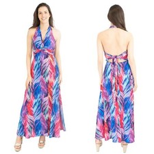 Karen Millen Womens Dress Pall Leaves Tree Halter Neck Purple Maxi Long A-Line