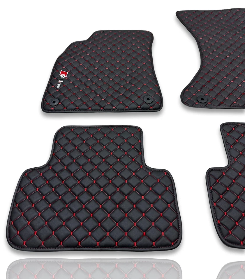 Compatible with Audi Premium Luxury Leather Car Floor Mats Black - Red Stitch - Image 2 of 4