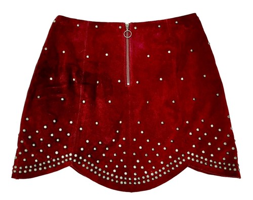FREE PEOPLE Suede Mini Skirt Red Leather Studded Scalloped Festival Rocker Sz 2 - Picture 7 of 11