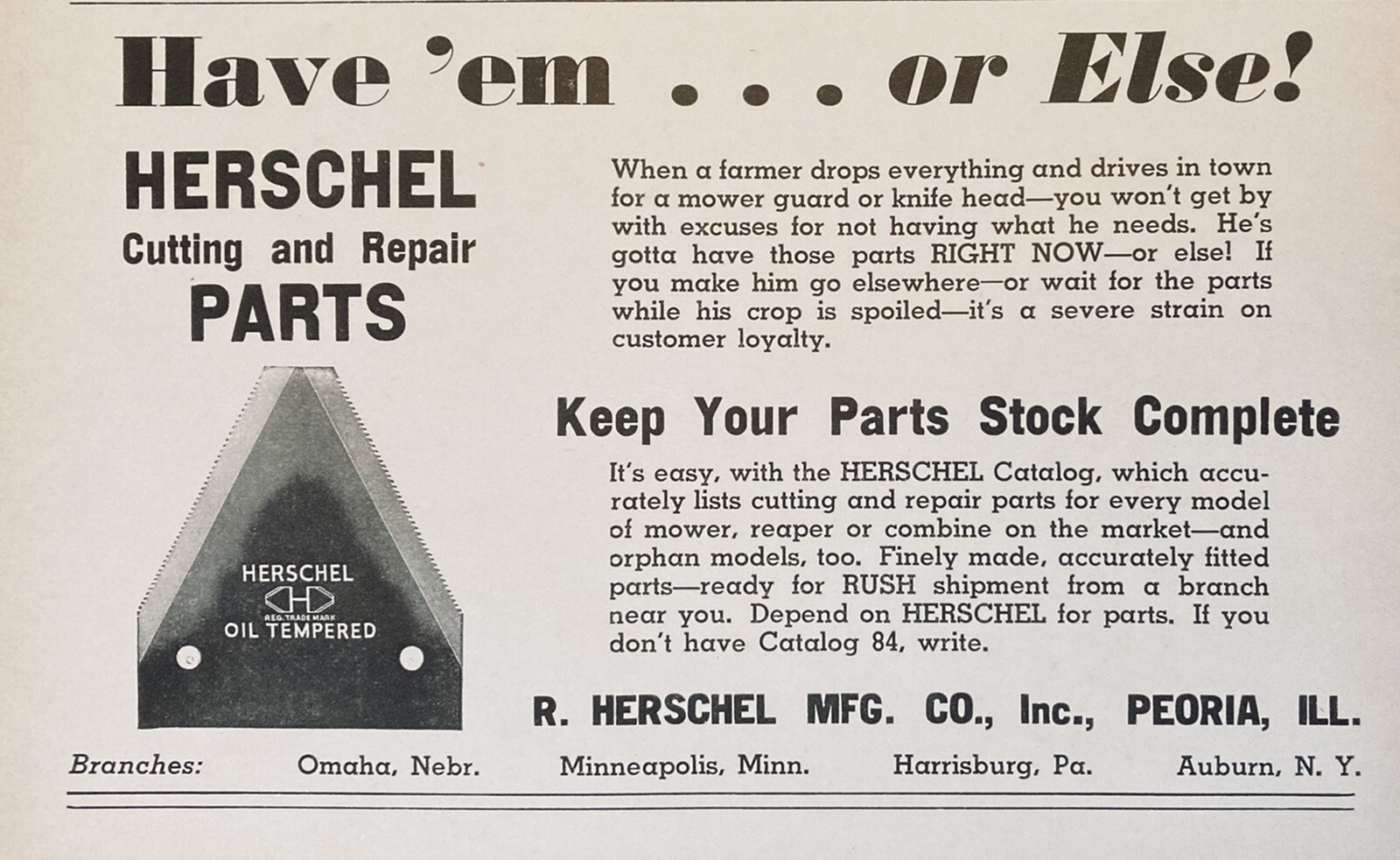 1939 AD.(XG8)R.HERSCHEL MFG. CO. PEORIA, ILL. HERSCHEL CUTTING REPAIR