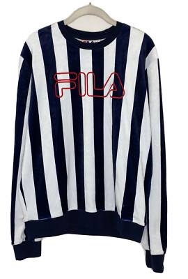 Fila Men’s Striped Navy White Velour Velvet Pullover Sweatshirt Size M 