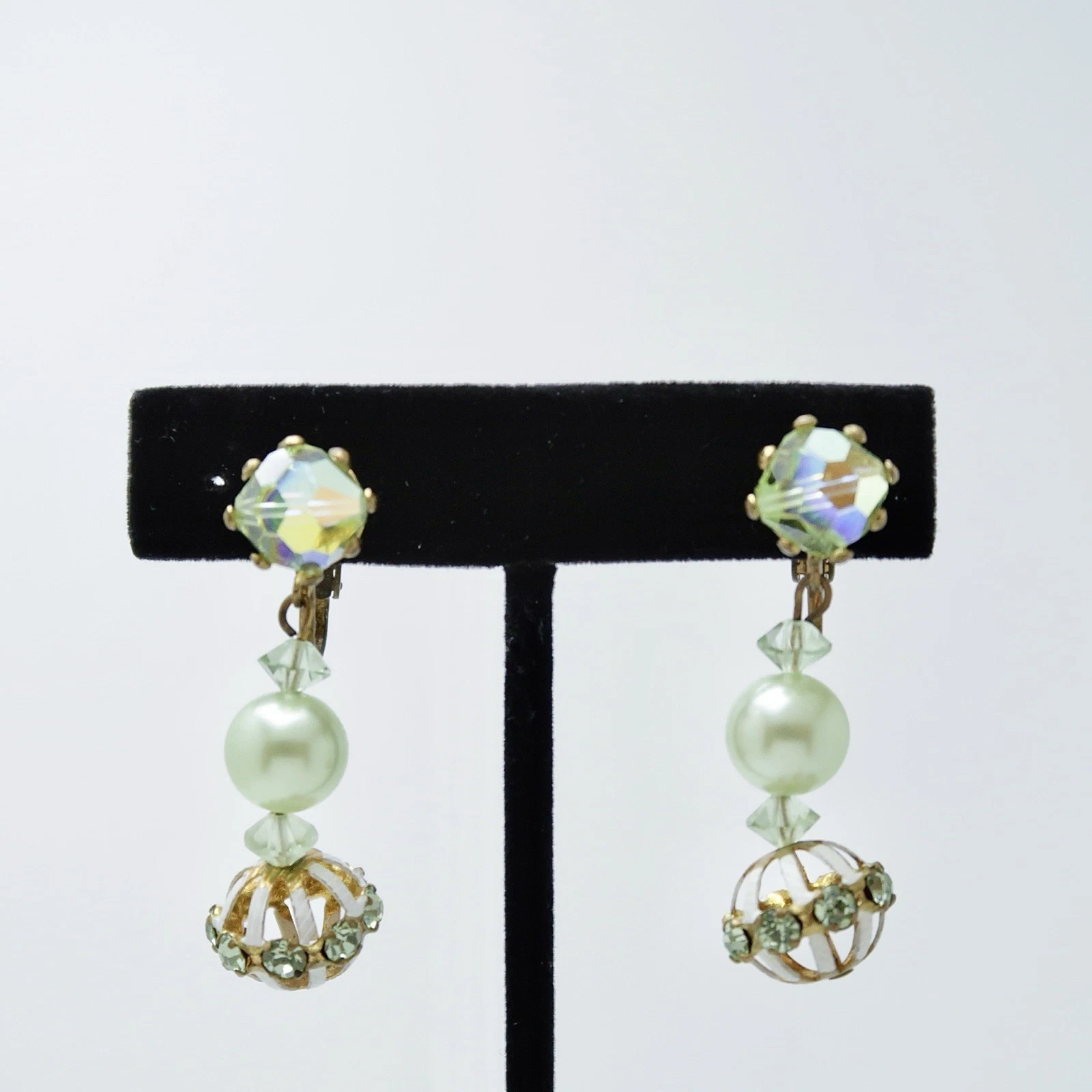 Elegant AB Green Glass Crystal Drop Faux Pearl Vintage Earring Jewelry E93