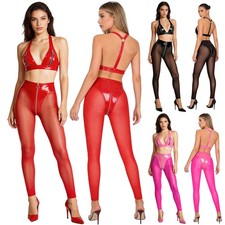 US Women Mesh 2 Piece Outfit Streetwear Bra Sheer Leggings Club Rave Costume