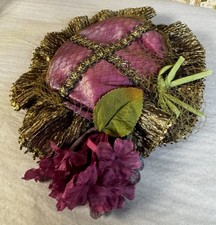 Vintage Silk Bonnet Antique Doll Couture Hat Bebe Hat With Flowers Gold Trim