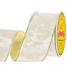 Metallic 21/2"x10 Yd Ivory Velvet Christmas Ribbon Gold Base Crushed Wired
