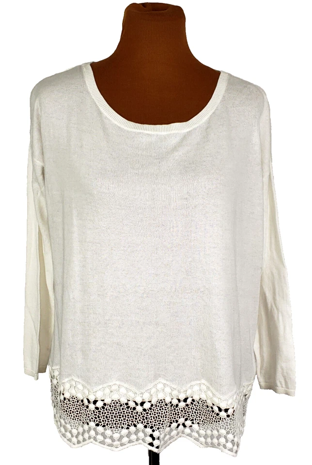 ¡COMO NUEVO!~Joie~Mujer S~Algodón Blanco con Espalda de Seda Bordada y Dobladillo de Encaje L/S Top