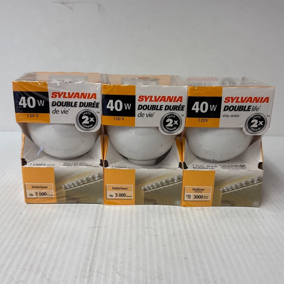 Sylvania 40W Globe Double Life Frosted Light Bulbs 3-Pack G25 Standard Base New - Image 2 of 4