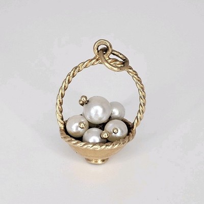 Vintage 14k Gelbgold Korb mit ''Perlen Eiern'' Charm Anhänger Armband Halskette
