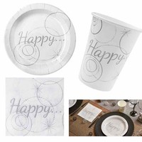 Dekoguru® Set Happy Weiß Einweg-Geschirr Teller Becher Servietten Party Deko Neu