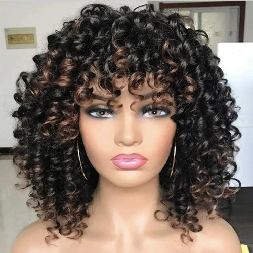 Peluca afro rizada con flequillo pelucas rizadas cortas para mujeres negras cabello negro nueva Foto 3 de 4