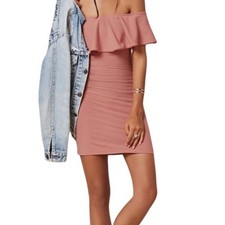 Reformation Banana Dress Rosy Pink Ribbed Ruffle Off Shoulder Mini Dress  XS