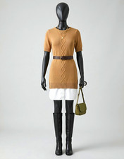 New York & Co Beige/White Cable-Knit Crew Neck Layered Pullover Sweater Dress XS