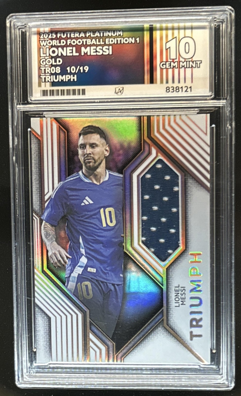 2025 Futera Platinum Lionel Messi Triumph Gold Jersey #10/19 TR08 ACE 10 view 1