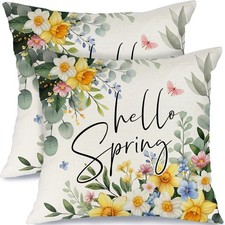 Hello Spring Pillow Covers Set of 2, 18x18 Inch Farmhouse Eucalyptus Daffodils