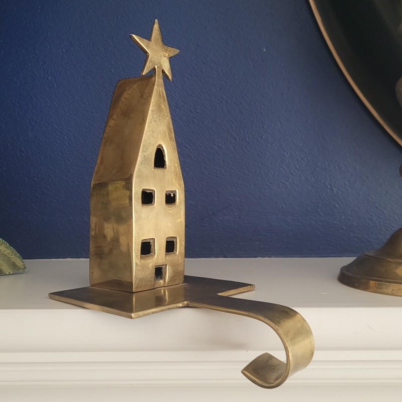 Vintage Brass House Stocking Holder Christmas Holiday - Crate and Barrel 