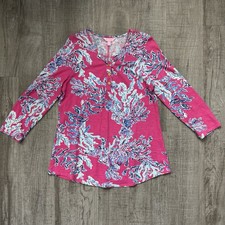 Lily Pulitzer Etta V-Neck Henly Top Size L  Pink Blue Coral 