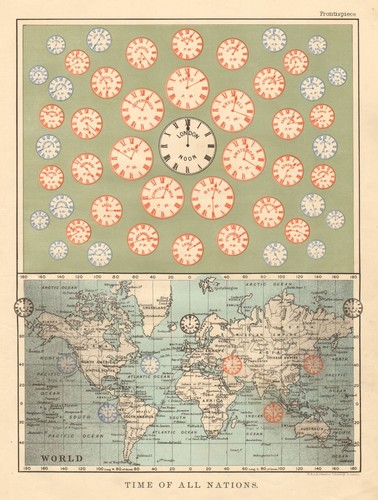 TIME OF ALL NATIONS predates UTC/standard hourly time zones JOHNSTON 1892 map