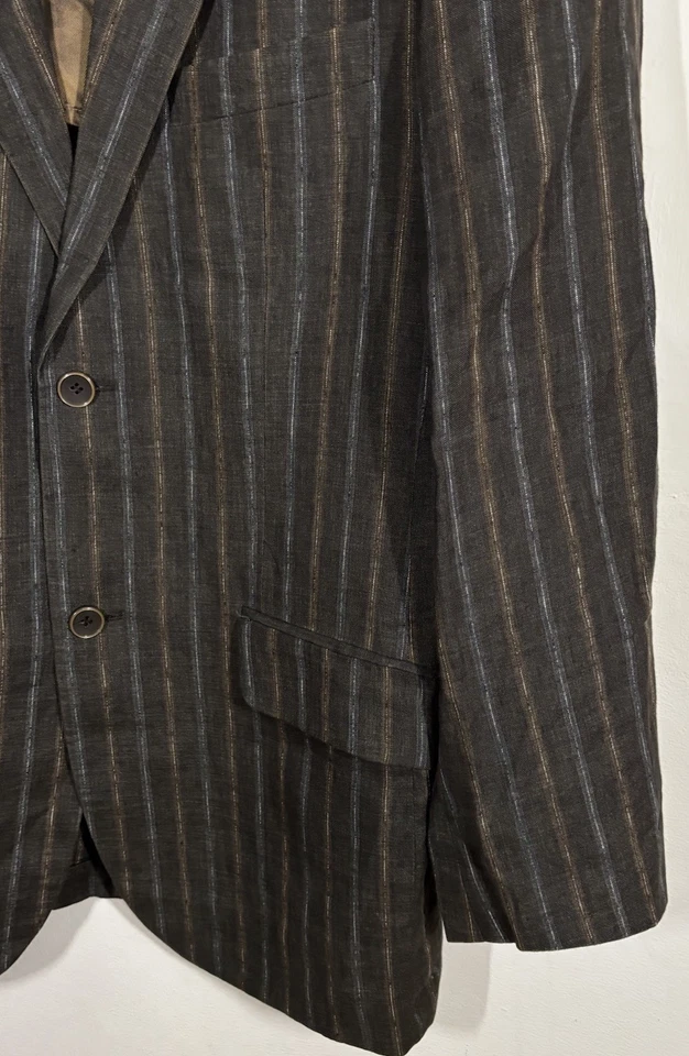 FRANK EDEN Mens 42R Linen Blazer Brown Striped Wedding Formal Jacket Vintage - Image 3 of 4