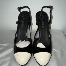 CHANEL Women  s Black/White Patent Leather Cap Toe Slingback Buckle Strap 9