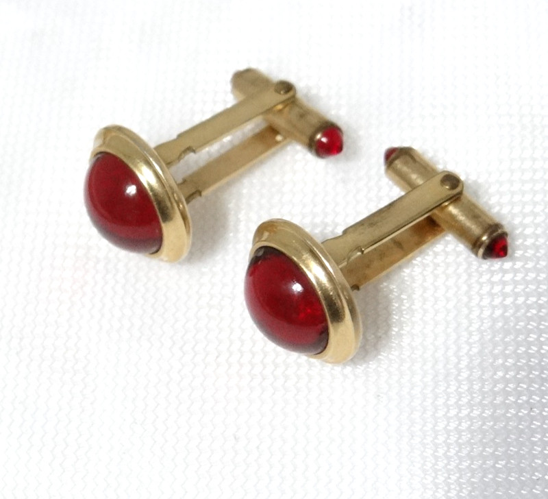 Signed by Correct Quality Red Stone Yellow Gold Plated Cuff Links Vintage