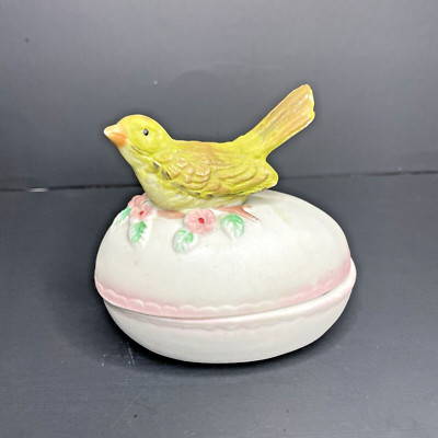 Vtg Ceramic Egg Shaped Trinket Box With Yellow Bird Sitting On The Lid