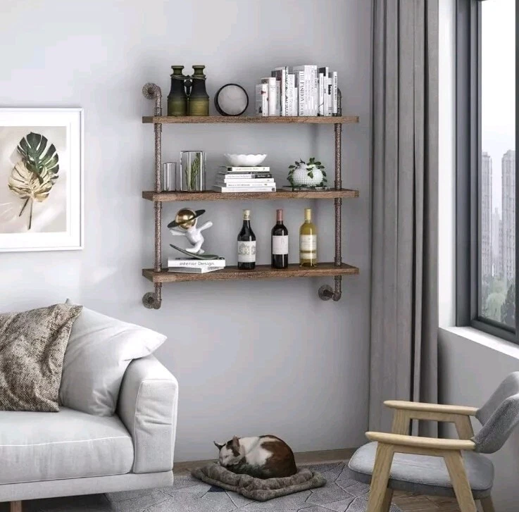 3 Tier Industrial Pipe Shelf Rustic Wood Floating Shelves,Wall Display Bookshelf - Image 4 of 4