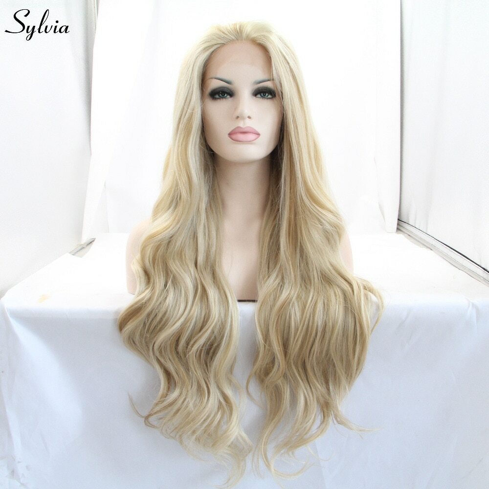 Mixed Color Blonde Wavy Synthetic Lace Front Wig Glueless Heat Resistant
