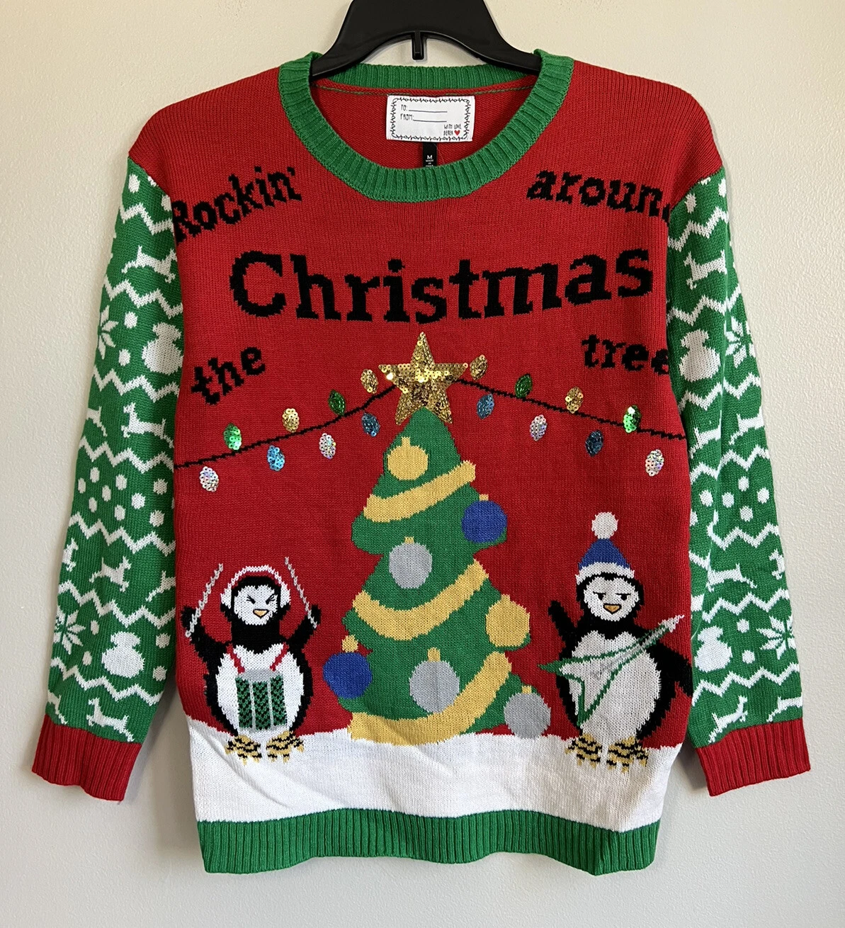 With Love Derek Ugly Christmas Sweater Penguins Christmas Tree Sequin Size M New