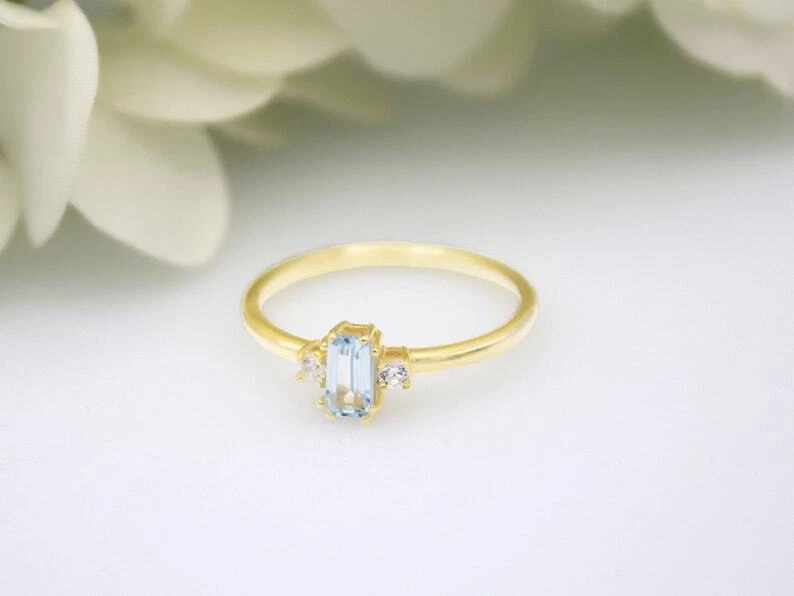 Natürlicher Aquamarin Und Diamanten Edelstein Damenring 10k Massivgoldring - Bild 2 von 4