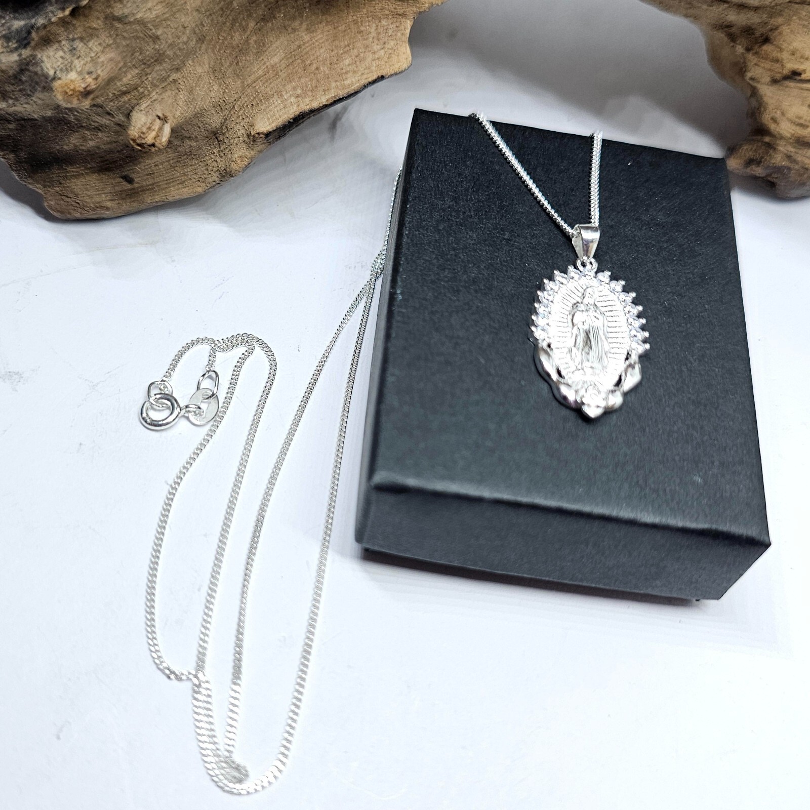 Madonna Virgin Mary Pendant Necklace Gemstones 925 Silver Jewellery And Boxed