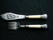 1800's Victorian Fish Serving Set Bone/Sterling Silver Harrison Bros & Howson