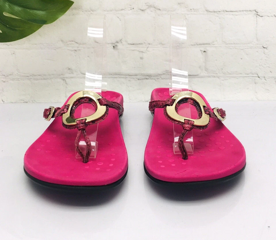 Vionic Sandal Womens 38/US 7 Pink Snakeprint Gold Metal Thong Flip Flops Slip On - Image 3 of 4