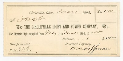 1895 Circleville Ohio Electric Light Receipt Signed DR Hoffman Odd Fellows IOOF