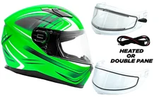 XS Adult Snowmobile Helmet Green Full Face Double Pane Shield or Heated DOT