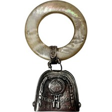 Vintage 1937 Sterling Silver Baby Rattle Teether MOP Birth Record Teething Ring