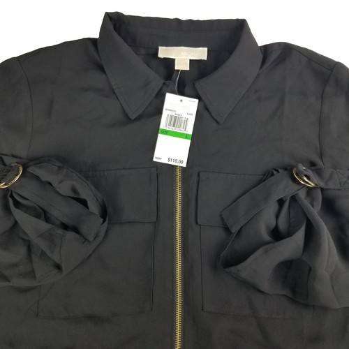 NWT MICHAEL KORS Womens L Curved Hem Roll Tab Sleeve Black Zip Blouse MSRP $110 - Picture 3 of 13