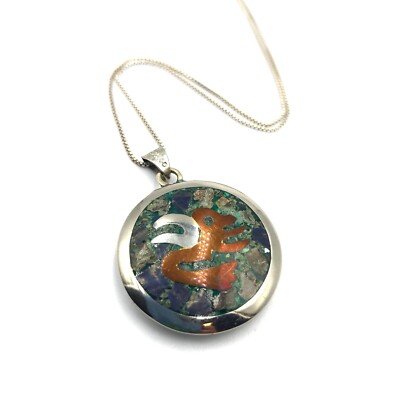 Vtg Metales Casados Mayan Aztec Sterling Silver Turquoise Inlay Pendant On Chain