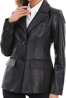 Chic Lambskin Leather Blazer for Women with Notched Lapel and Vent Detail